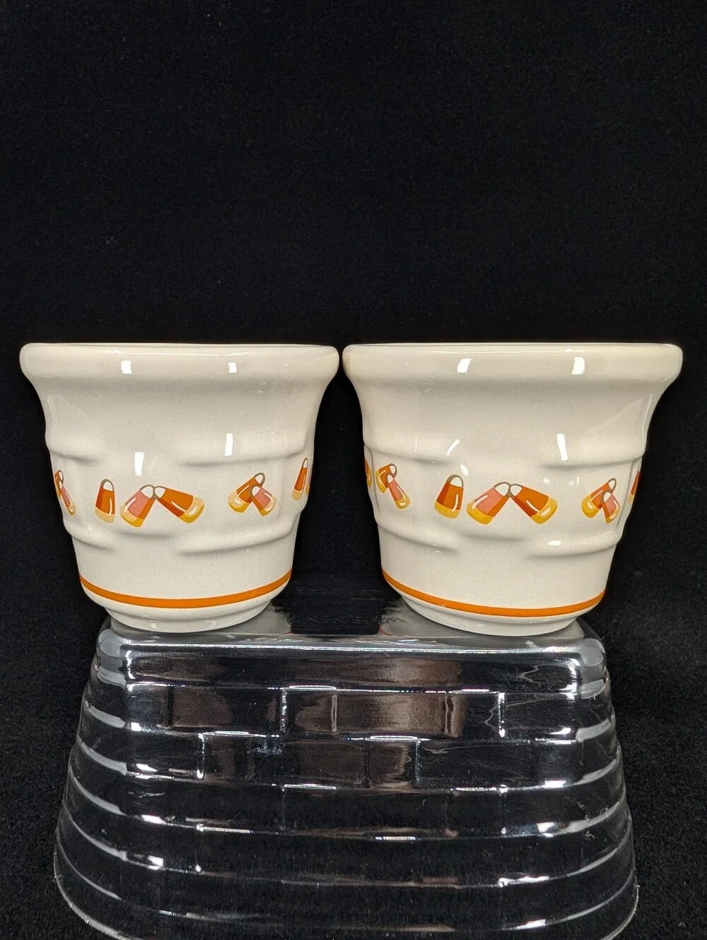 Longaberger Woven Tradition Pottery 1999 Halloween Candy Corn Votive Cup Set (2)